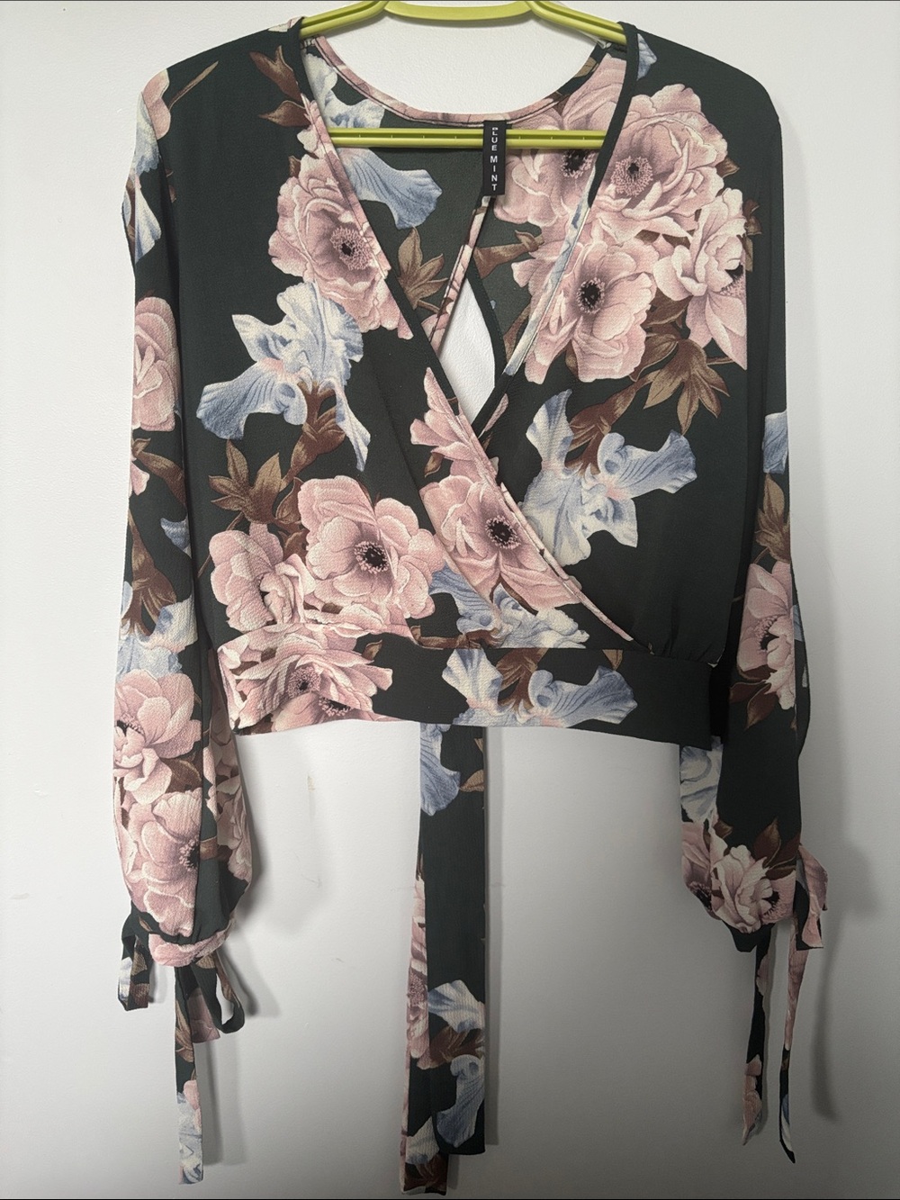 Lush Black Floral Wrap Blouse with Pink Blossoms by